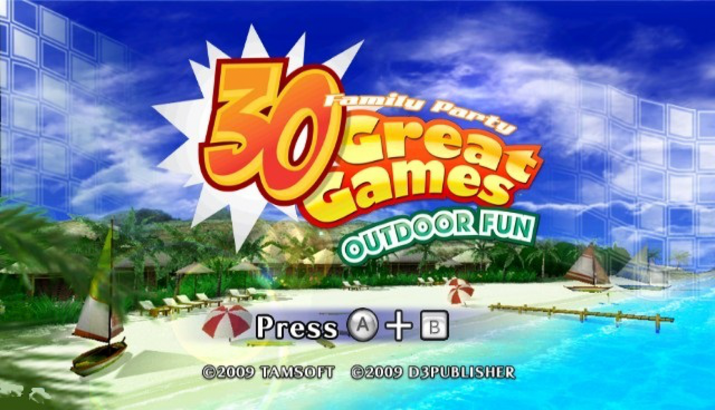Family Party: 30 Great Games: Outdoor Fun title screen art for Nintendo Wii (Wii) video game