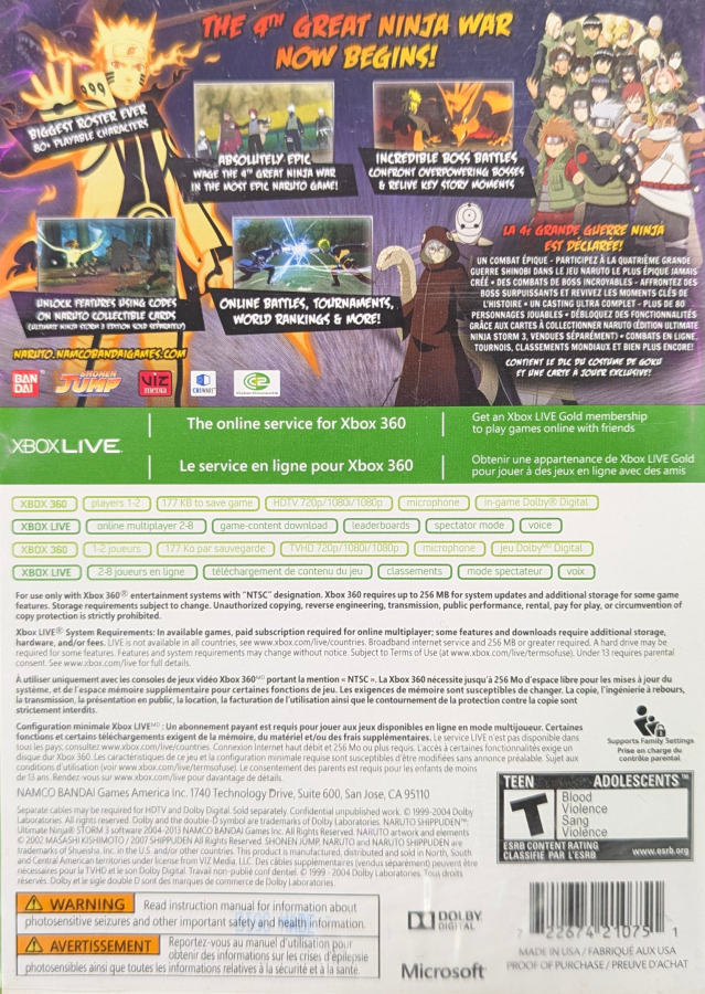 Naruto Shippuden Ultimate Ninja Storm 3 Xbox 360 anime fighting video game CyberConnect2 massive character roster 3D arena battles ultimate jutsus story mode Fourth Great Ninja War Sage Mode online multiplayer team battles boss battles back cover