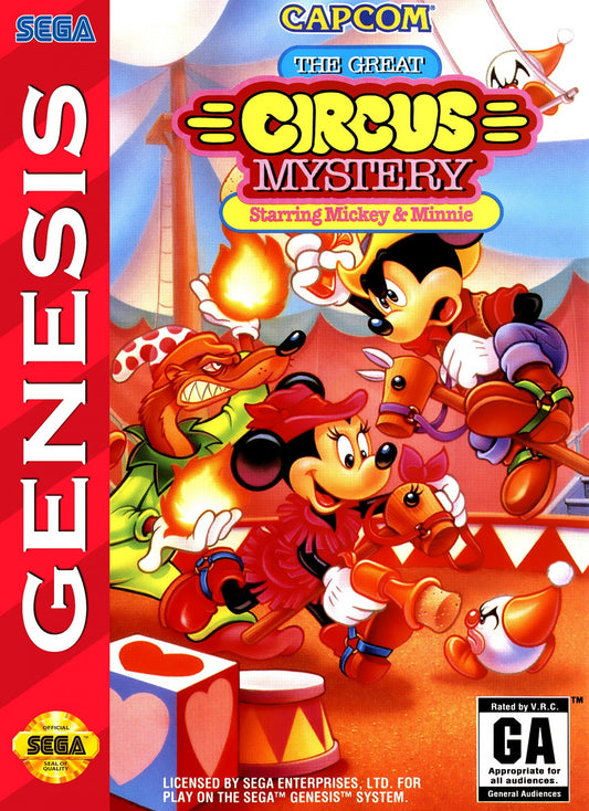 The Great Circus Mystery Starring Mickey and Minnie for Sega Genesis side scrolling platformer game featuring Mickey Mouse and Minnie Mouse circus themed levels cooperative gameplay classic Disney adventure front cover