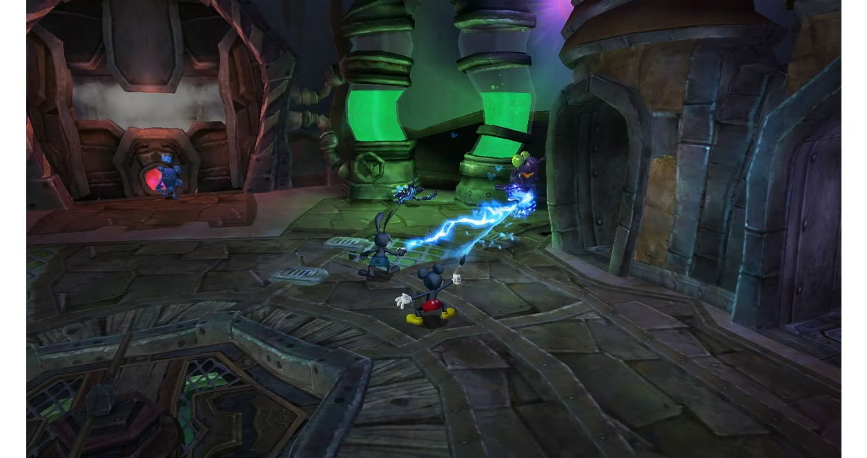 Disney Epic Mickey 2 The Power of Two PlayStation 3 action-adventure platformer video game Mickey Mouse and Oswald the Lucky Rabbit cooperative gameplay Wasteland setting paint thinner brush mechanic moral choices voice acting Junction Point Studios Disney characters gameplay screenshot