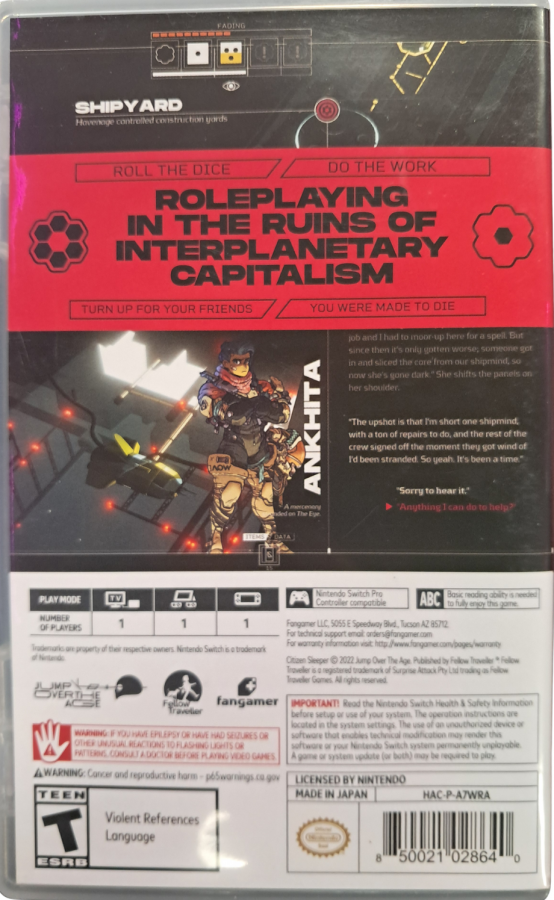 Citizen Sleeper Nintendo Switch inspired design featuring narrative driven sci fi role playing adventure aesthetic futuristic space station setting deep character choices cyberpunk storytelling immersive exploration resource management and branching outcomes presentation back cover 