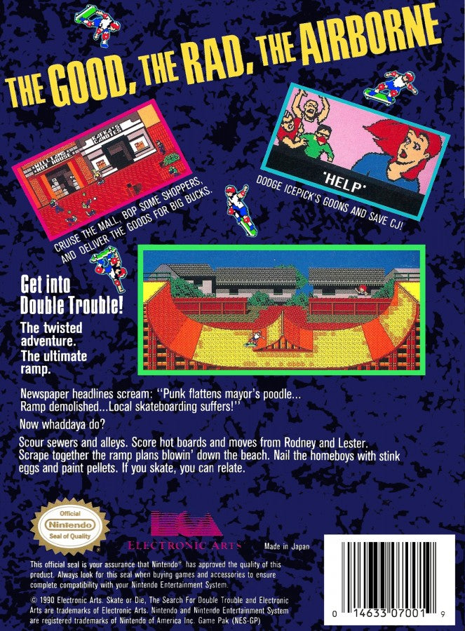 Skate or Die 2 cartridge for the Nintendo Entertainment System featuring 8 bit skateboarding action with downhill racing trick challenges and arcade style competition across urban courses back cover