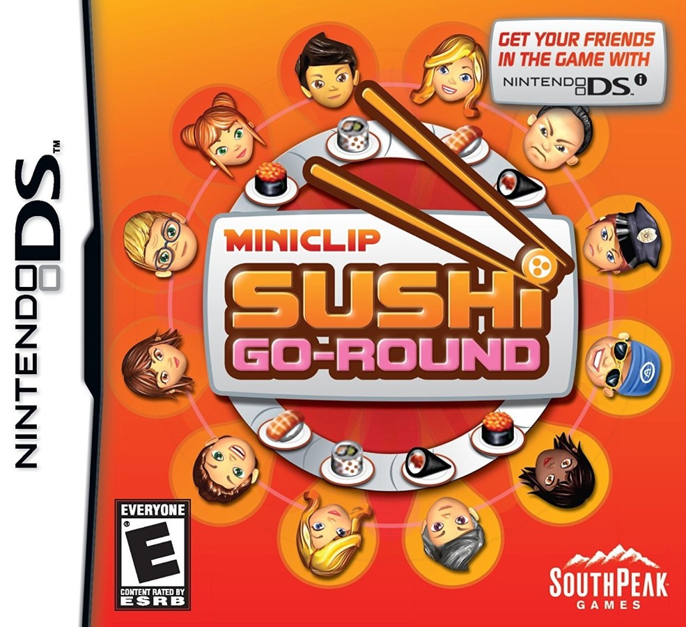 Sushi Go Round Nintendo DS DS video game featuring restaurant management simulation gameplay sushi chef challenges Japanese cuisine preparation ingredient matching fast paced order fulfillment customer service time management cooking mini games sushi rolls nigiri rice preparation kitchen upgrades and challenging restaurant levels colorful food themed graphics and classic Nintendo DS handheld gaming retro video game collection collectible gaming appeal front cover art