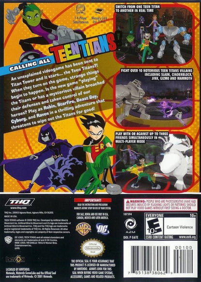 Back cover art for Teen Titans GameCube GC video game, action adventure, beat ’em up gameplay, DC Comics superheroes, multiplayer, classic Nintendo GameCube title