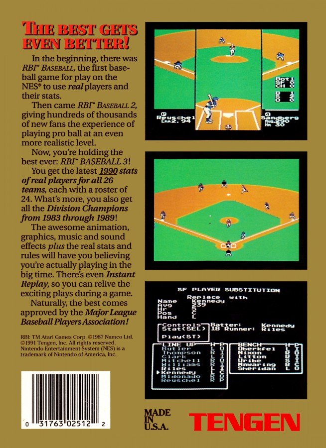RBI Baseball 3 Nintendo Entertainment System NES video game featuring baseball sports gameplay batting pitching fielding base running competitive games team management baseball strategy and classic 8 bit Nintendo sports gameplay retro video game collection collectible gaming appeal back cover art