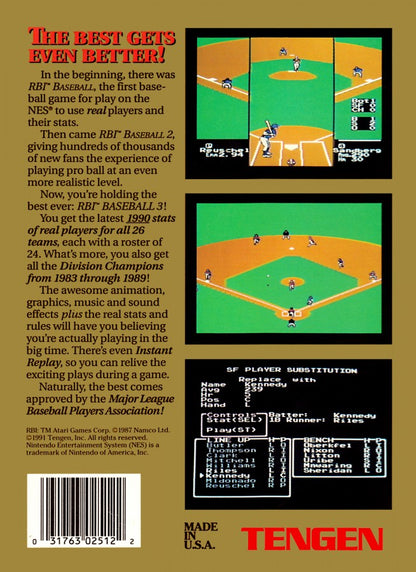 RBI Baseball 3 Nintendo Entertainment System NES video game featuring baseball sports gameplay batting pitching fielding base running competitive games team management baseball strategy and classic 8 bit Nintendo sports gameplay retro video game collection collectible gaming appeal back cover art