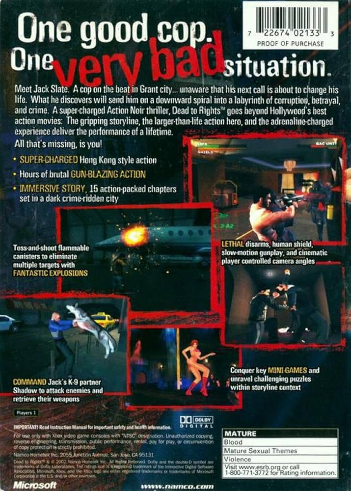 Dead to Rights for Xbox (XBOX) at Gamers INC, featuring cinematic third-person action with slow-motion gunplay and brutal melee combat as you play as Jack Slate and his K-9 partner Shadow in a gritty urban revenge story back cover