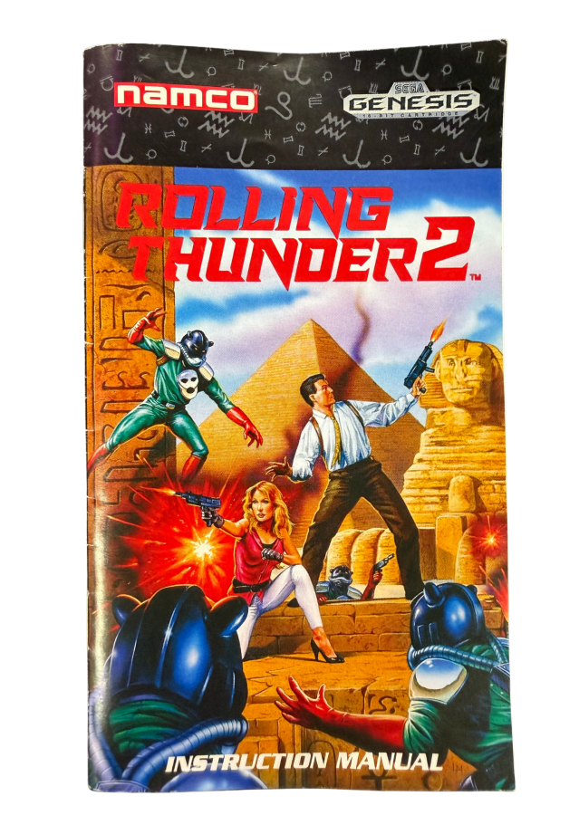 Rolling Thunder 2 Sega Genesis GEN for side scrolling action video game fans featuring fast paced run and gun combat enemy soldiers challenging stages powerful weapons arcade style action cooperative multiplayer gameplay and classic Namco arcade entertainment collectible retro Genesis gaming appeal front of manual