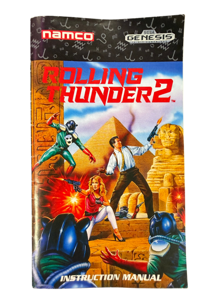 Rolling Thunder 2 Sega Genesis GEN for side scrolling action video game fans featuring fast paced run and gun combat enemy soldiers challenging stages powerful weapons arcade style action cooperative multiplayer gameplay and classic Namco arcade entertainment collectible retro Genesis gaming appeal front of manual
