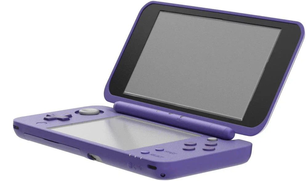 Retro Purple New Nintendo 2DS XL handheld console aesthetic featuring dual screen portable gaming system vibrant purple shell compact foldable design Nintendo handheld nostalgia collectible gaming hardware style open view of screens