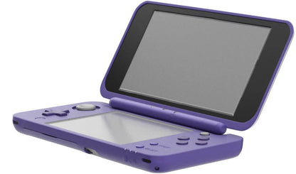 Retro Purple New Nintendo 2DS XL handheld console aesthetic featuring dual screen portable gaming system vibrant purple shell compact foldable design Nintendo handheld nostalgia collectible gaming hardware style open view of screens