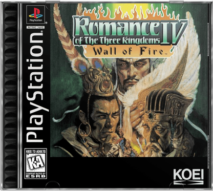 Romance of the Three Kingdoms IV: Wall of Fire cover art for PlayStation 1 (PS1) strategy video game