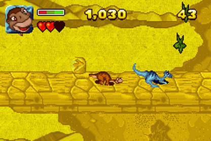 The Land Before Time Collection for Game Boy Advance, gameplay for a retro video game featuring side-scrolling platforming gameplay, character-based adventures, family-friendly challenges, and movie-inspired prehistoric action