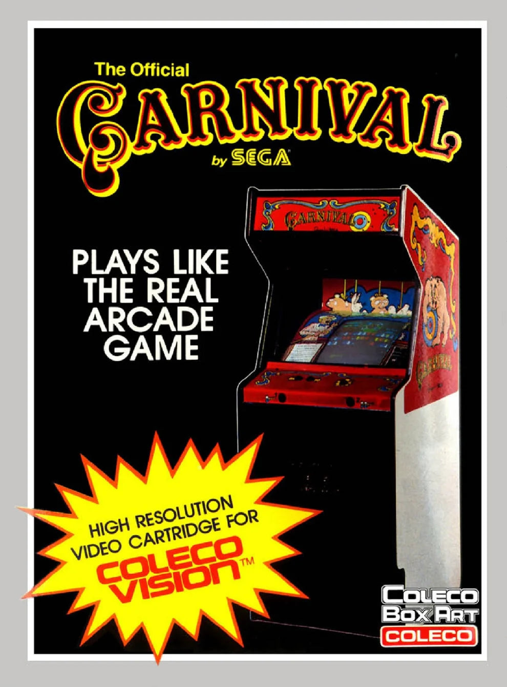 Carnival for ColecoVision, cover image for an arcade shooter video game with carnival-themed target shooting, retro action gameplay, score-chasing challenges, and classic fast-paced fun