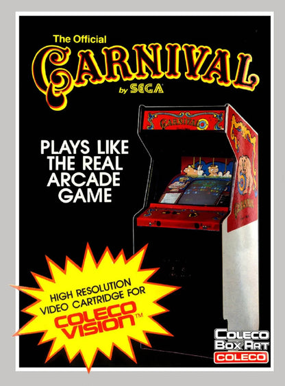 Carnival for ColecoVision, cover image for an arcade shooter video game with carnival-themed target shooting, retro action gameplay, score-chasing challenges, and classic fast-paced fun