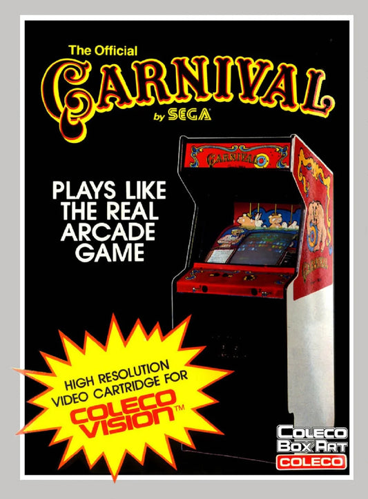Carnival for ColecoVision, cover image for an arcade shooter video game with carnival-themed target shooting, retro action gameplay, score-chasing challenges, and classic fast-paced fun