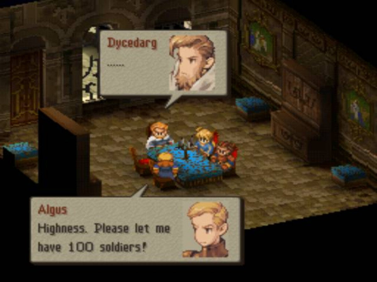 Retro Final Fantasy Tactics PS1 cover art inspired design featuring classic tactical RPG fantasy warfare aesthetic vintage PlayStation strategy game graphics medieval heroes summons grid based battles nostalgic Squaresoft masterpiece iconic JRPG adventure gameplay