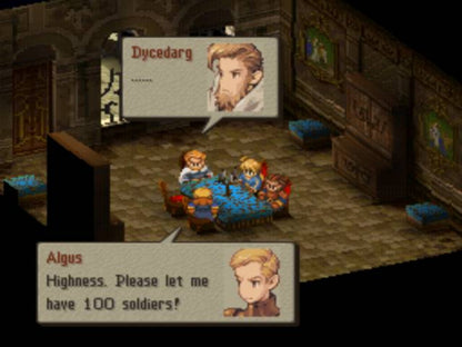 Retro Final Fantasy Tactics PS1 cover art inspired design featuring classic tactical RPG fantasy warfare aesthetic vintage PlayStation strategy game graphics medieval heroes summons grid based battles nostalgic Squaresoft masterpiece iconic JRPG adventure gameplay