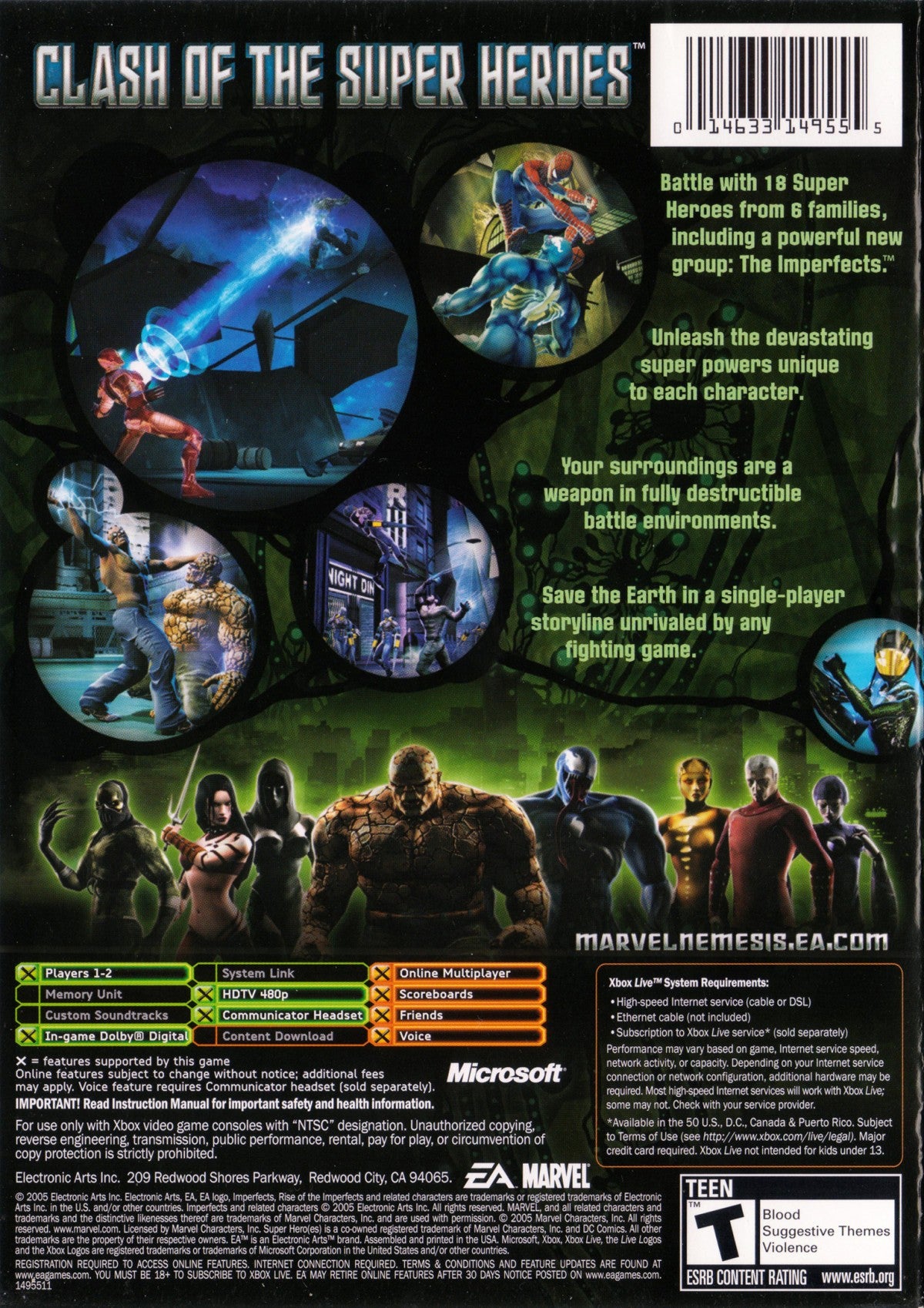Marvel Nemesis Rise of the Imperfects Xbox inspired design featuring superhero fighting action aesthetic explosive battles iconic Marvel characters powerful abilities urban destruction cinematic combat fast paced arena gameplay comic book inspired presentation gameplay back art 