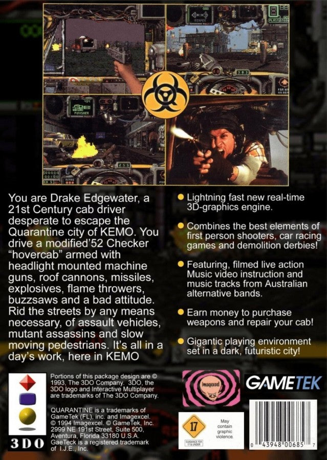 Quarantine back of case for Panasonic 3DO (3DO) vehicular combat action video game
