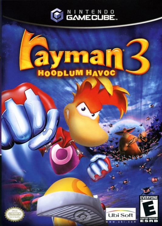 Rayman 3: Hoodlum Havoc retro GameCube video game Rayman 3 Hoodlum Havoc platform adventure cartoon style action colorful worlds classic 3D platformer console release cover art