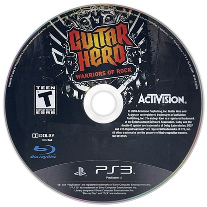 Guitar Hero Warriors of Rock PS3 inspired design featuring rhythm music game aesthetic legendary rock anthems guitar controller gameplay epic fantasy themed campaign band performance action energetic concert atmosphere presentation disc