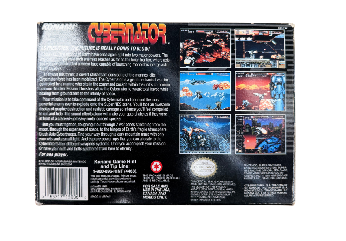 Cybernator Super Nintendo Entertainment System SNES action platformer video game featuring futuristic mech combat powerful weapons explosive battles enemy machines challenging stages science fiction environments and classic Super Nintendo Entertainment System SNES gameplay collectible retro gaming appeal back of box