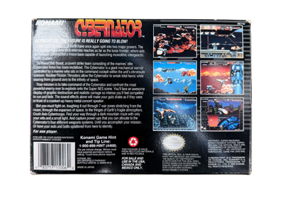 Cybernator Super Nintendo Entertainment System SNES action platformer video game featuring futuristic mech combat powerful weapons explosive battles enemy machines challenging stages science fiction environments and classic Super Nintendo Entertainment System SNES gameplay collectible retro gaming appeal back of box