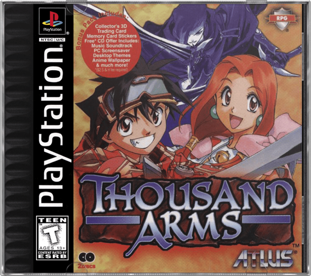 Thousand Arms PlayStation 1 PS1 turn-based RPG dating sim hybrid cel shaded anime style weapon forging system romance routes multiple endings cover art
