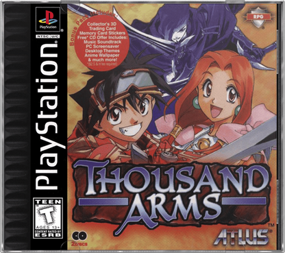 Thousand Arms PlayStation 1 PS1 turn-based RPG dating sim hybrid cel shaded anime style weapon forging system romance routes multiple endings cover art