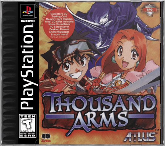 Thousand Arms PlayStation 1 PS1 turn-based RPG dating sim hybrid cel shaded anime style weapon forging system romance routes multiple endings cover art