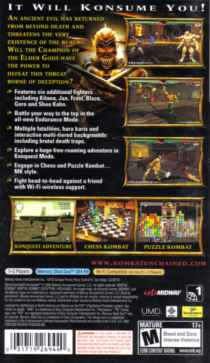 Mortal Kombat Unchained PlayStation Portable PSP fighting game port of Mortal Kombat Deception with exclusive characters arenas and ad-hoc multiplayer versus mode back cover