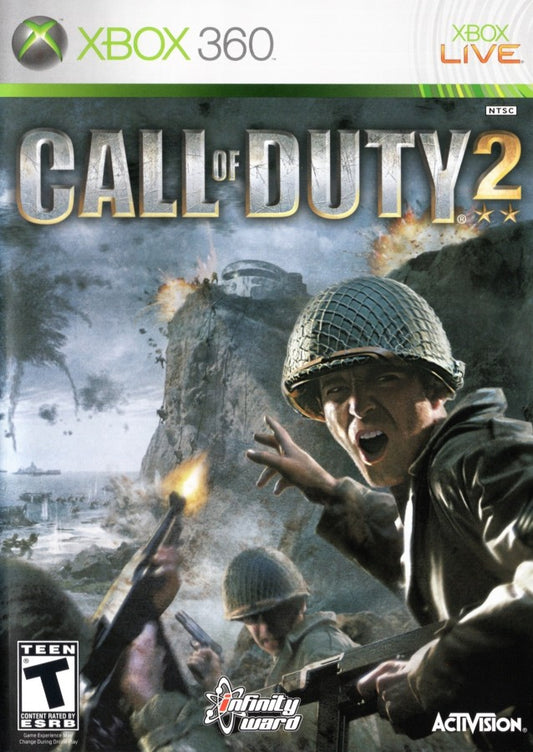 Retro Call of Duty 2 Xbox 360 inspired design featuring World War 2 first person shooter aesthetic vintage HD era Normandy landings intense infantry combat cinematic war storytelling realistic battlefield atmosphere nostalgic classic FPS presentation cover art 