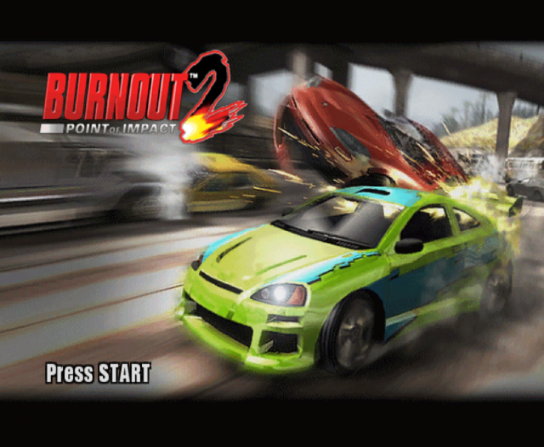 Burnout 2: Point of Impact start screen for GameCube (GC) arcade racing video game