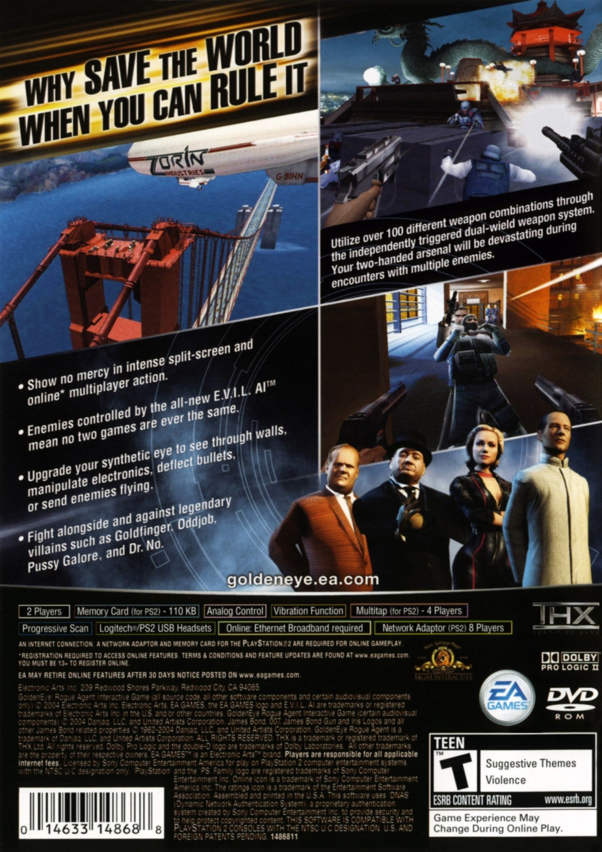GoldenEye Rogue Agent PS2 PlayStation 2 first person shooter spy action game James Bond inspired tactical combat multiplayer mode retro video game back of case