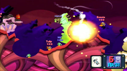 Worms: A Space Oddity gameplay for Nintendo Wii (Wii) featuring turn‑based artillery combat with quirky worm characters, new space‑themed weapons, and destructible intergalactic battlefields