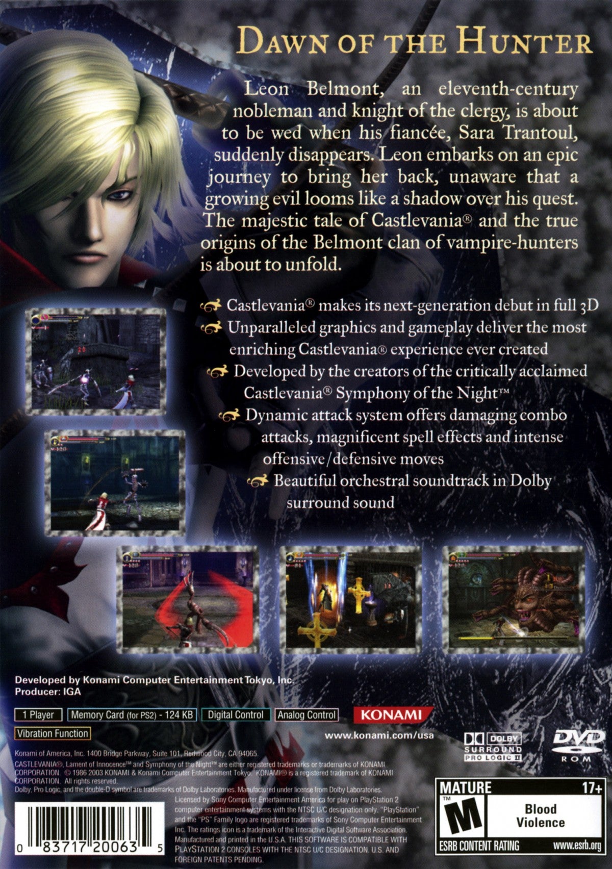 Castlevania: Lament of Innocence for PlayStation 2 with gothic action-adventure and vampire-hunting theme back cover art