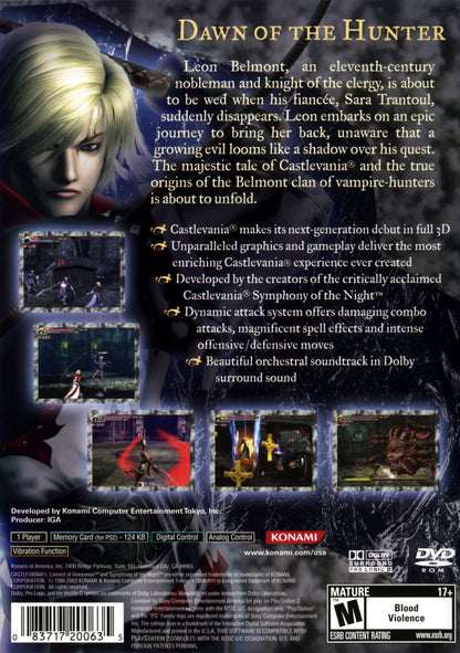 Castlevania: Lament of Innocence for PlayStation 2 with gothic action-adventure and vampire-hunting theme back cover art