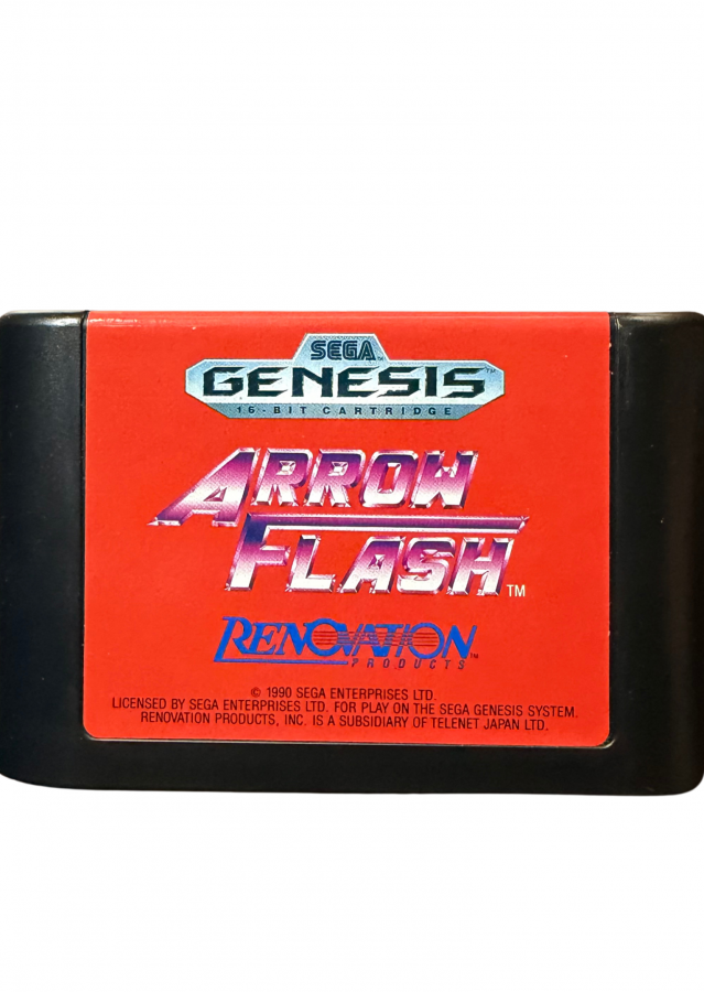 Arrow Flash Sega Genesis video game cartridge classic 16 bit shoot em up action game for retro gaming collectors Sega fans vintage video game enthusiasts Genesis game collection classic video games and retro gaming fans cartridge