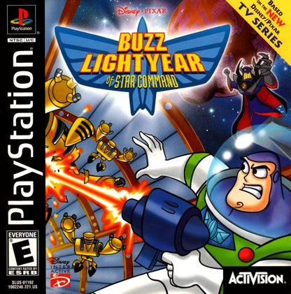 Disney Pixar Buzz Lightyear of Star Command PlayStation 1 PS1 for action platformer retro video game fans featuring Buzz Lightyear adventure sci fi missions alien enemies futuristic worlds platforming action cartoon inspired gameplay collectible gaming appeal front cover art