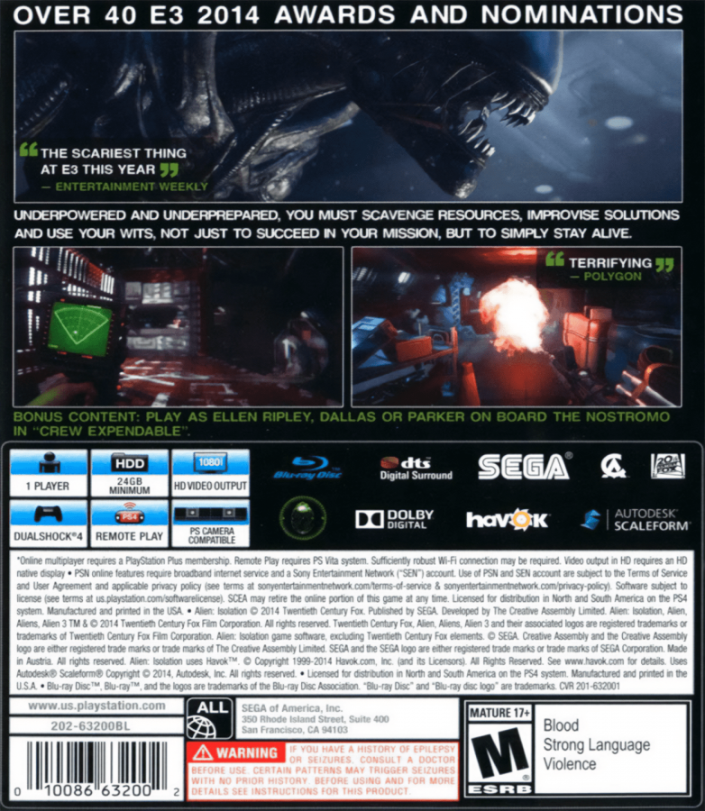 Alien: Isolation back cover art for PlayStation 3 (PS3) video game