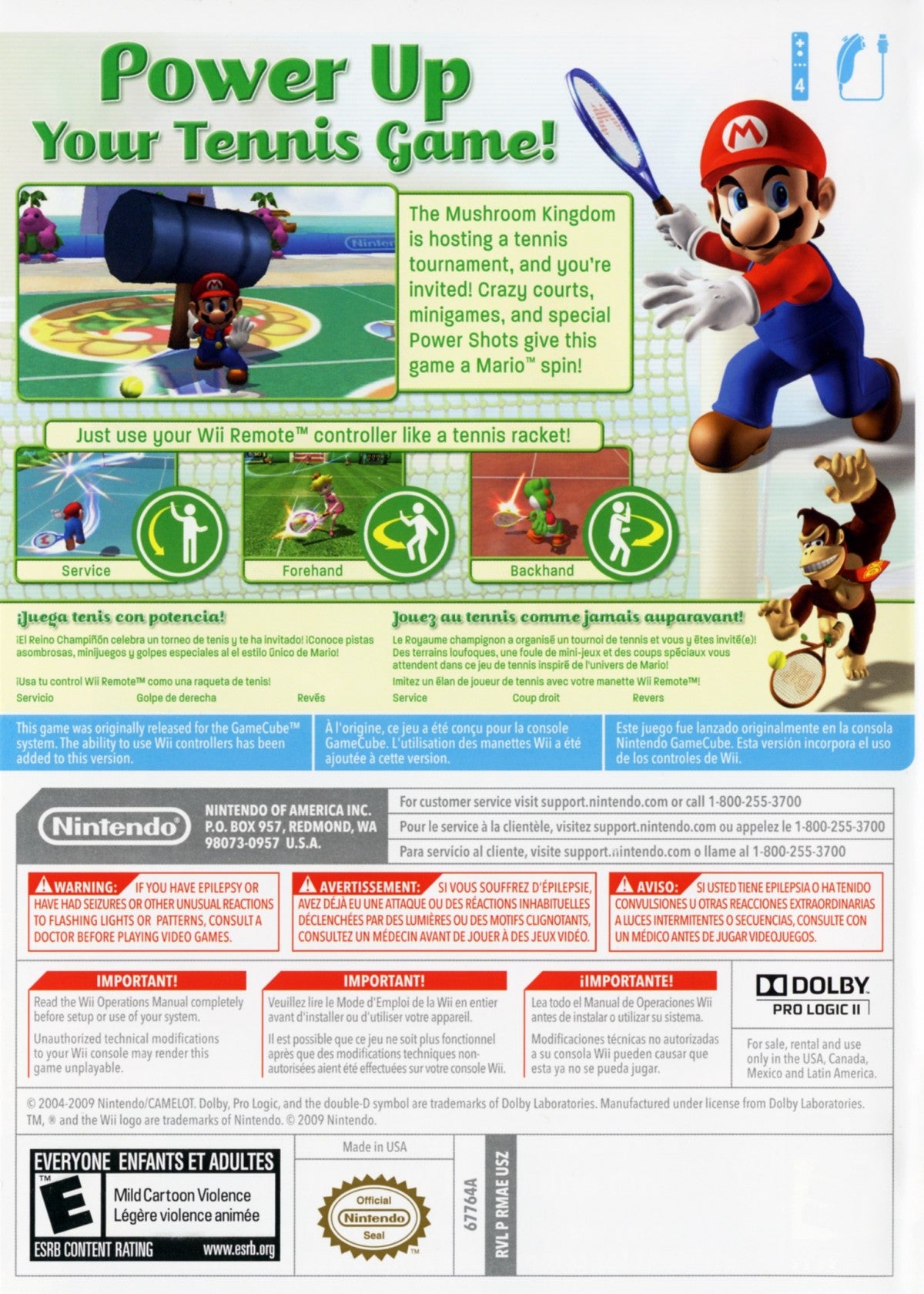 New Play Control: Mario Power Tennis – Nintendo Wii (Wii) arcade tennis sports multiplayer video game back of case