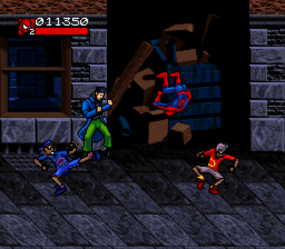 Venom Spider-Man Separation Anxiety for Super Nintendo side scrolling beat em up featuring Spider Man and Venom battling symbiote enemies with co op gameplay and comic inspired action gameplay