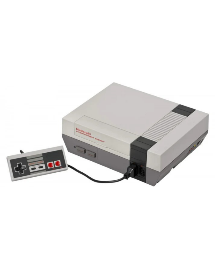 Front view of an original Nintendo Entertainment System (NES) console with a third-party controller connected to one of the ports