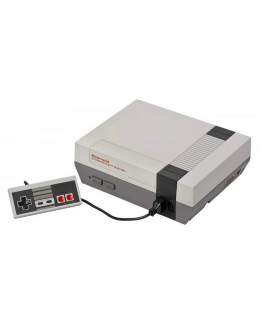 Front view of an original Nintendo Entertainment System (NES) console with a third-party controller connected to one of the ports