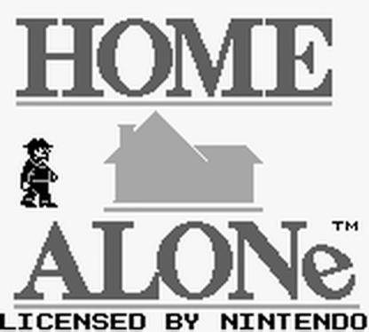 Home Alone for Game Boy, title screen for an action platformer video game with side-scrolling gameplay, trap-setting mechanics, enemy avoidance, and movie-inspired challenges