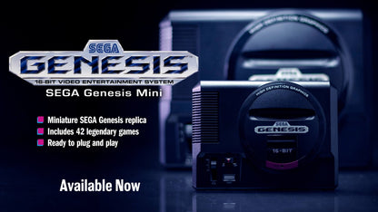 SEGA Genesis Mini retro gaming console replica plug-and-play system preloaded with 42 classic games including Sonic the Hedgehog Streets of Rage 2 and Phantasy Star IV with two replica control pads HDMI cable and modern menu interface promo image