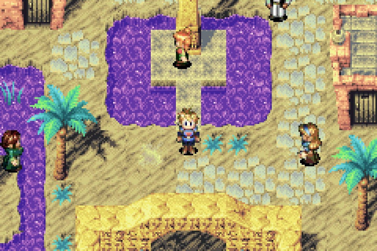 Golden Sun [CIB] for Game Boy Advance (GBA) featuring a classic turn-based RPG where you wield elemental Psynergy to solve puzzles and battle across a richly detailed world; customize your party with Djinn summons and uncover an epic story in this complete-in-box handheld favorite gameplay screenshot