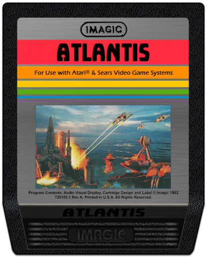 Atlantis retro Atari 2600 video game featuring arcade defense gameplay, futuristic city battles, alien attacks and classic Atari action - cartridge
