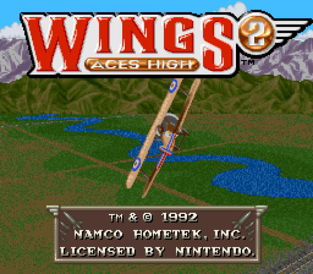 Wings 2 Aces High retro SNES video game Wings 2 military flight combat simulation World War aerial dogfights arcade style action gameplay console title Super Nintendo release title screen